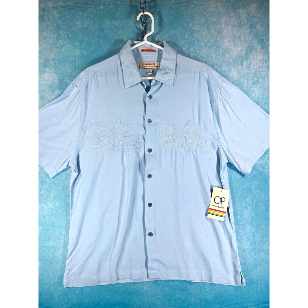 VINTAGE Ocean Pacific Mens L Blue Rayon Embroidered Short-Sleeve Button-Up Shirt